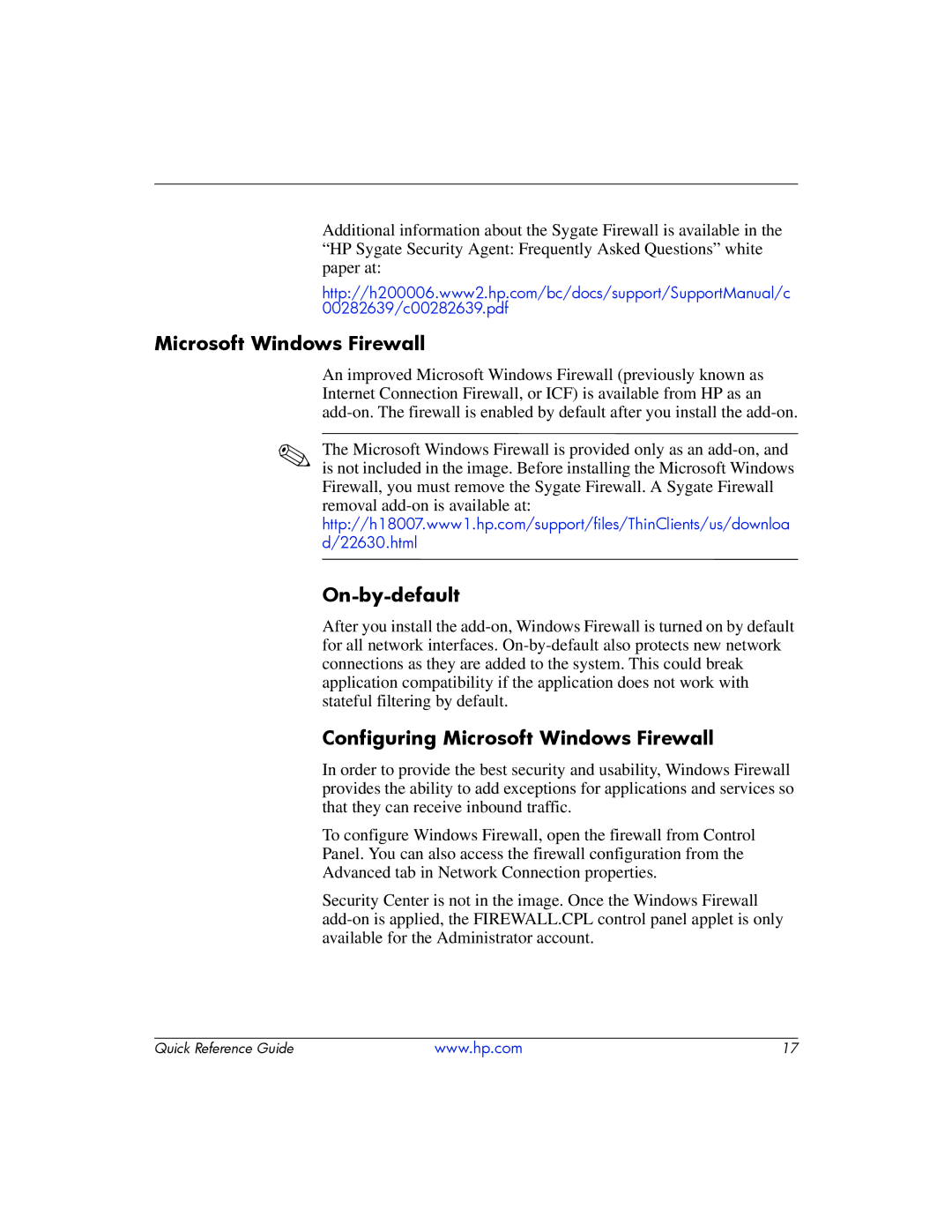 HP t5700 manual On-by-default, Configuring Microsoft Windows Firewall 