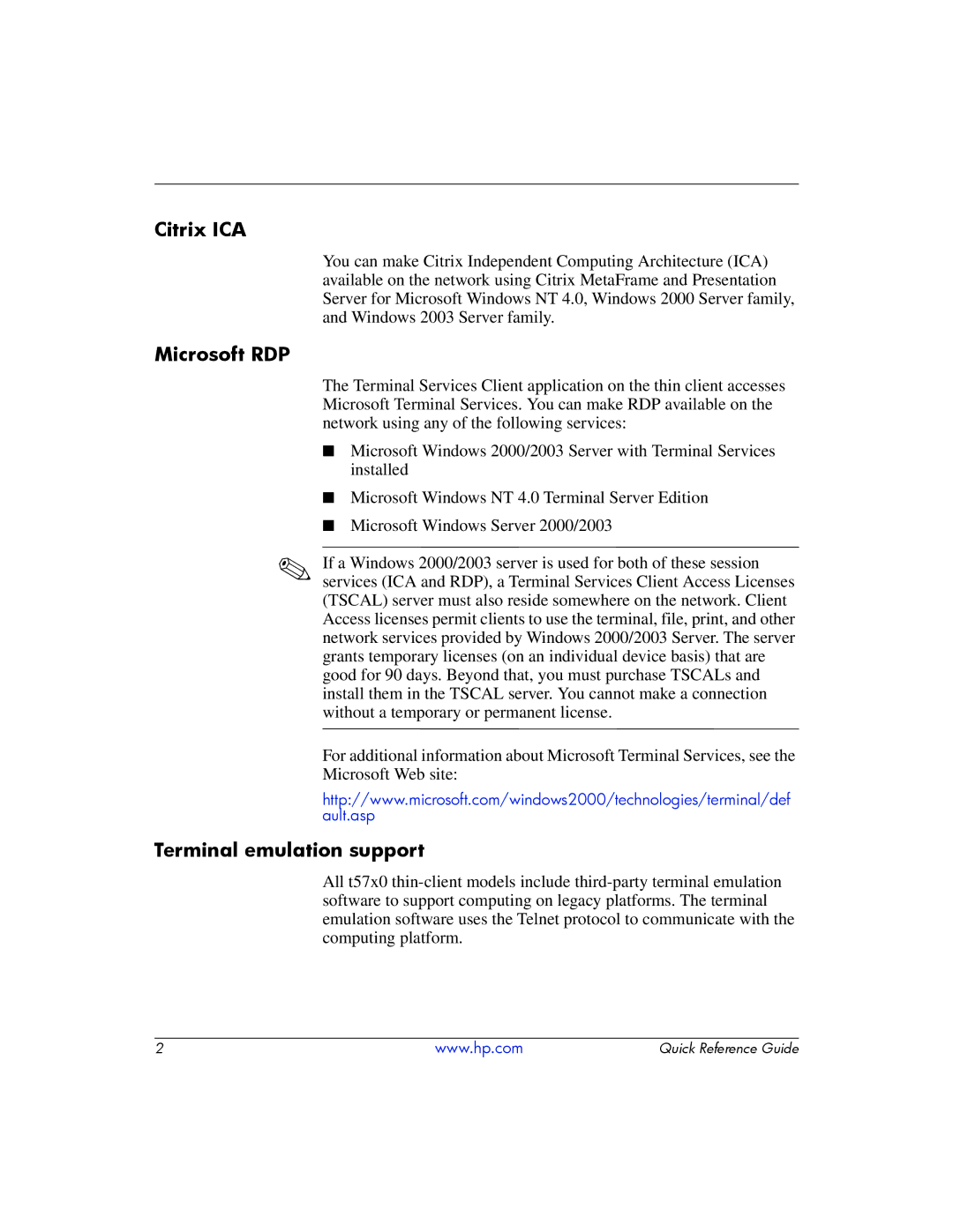 HP t5700 manual Citrix ICA, Microsoft RDP, Terminal emulation support 