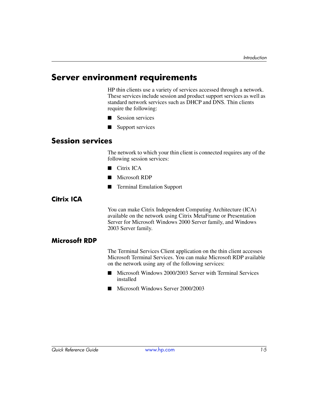 HP t5710 manual Server environment requirements, Session services 