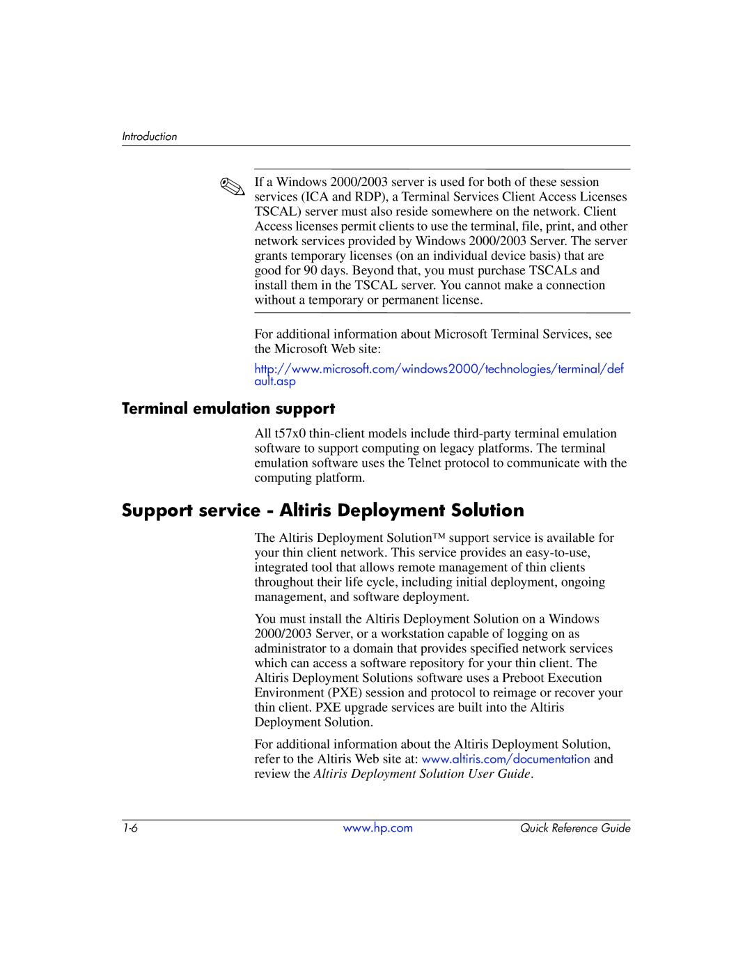 HP t5710 manual Support service Altiris Deployment Solution, Terminal emulation support 