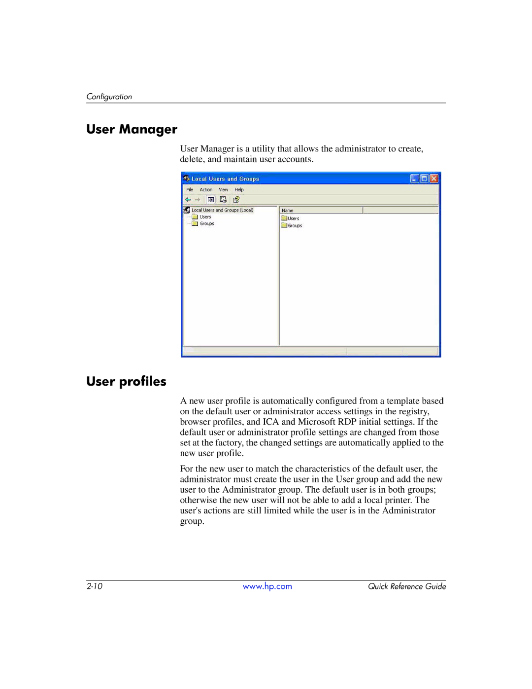 HP t5710 manual User Manager, User profiles 