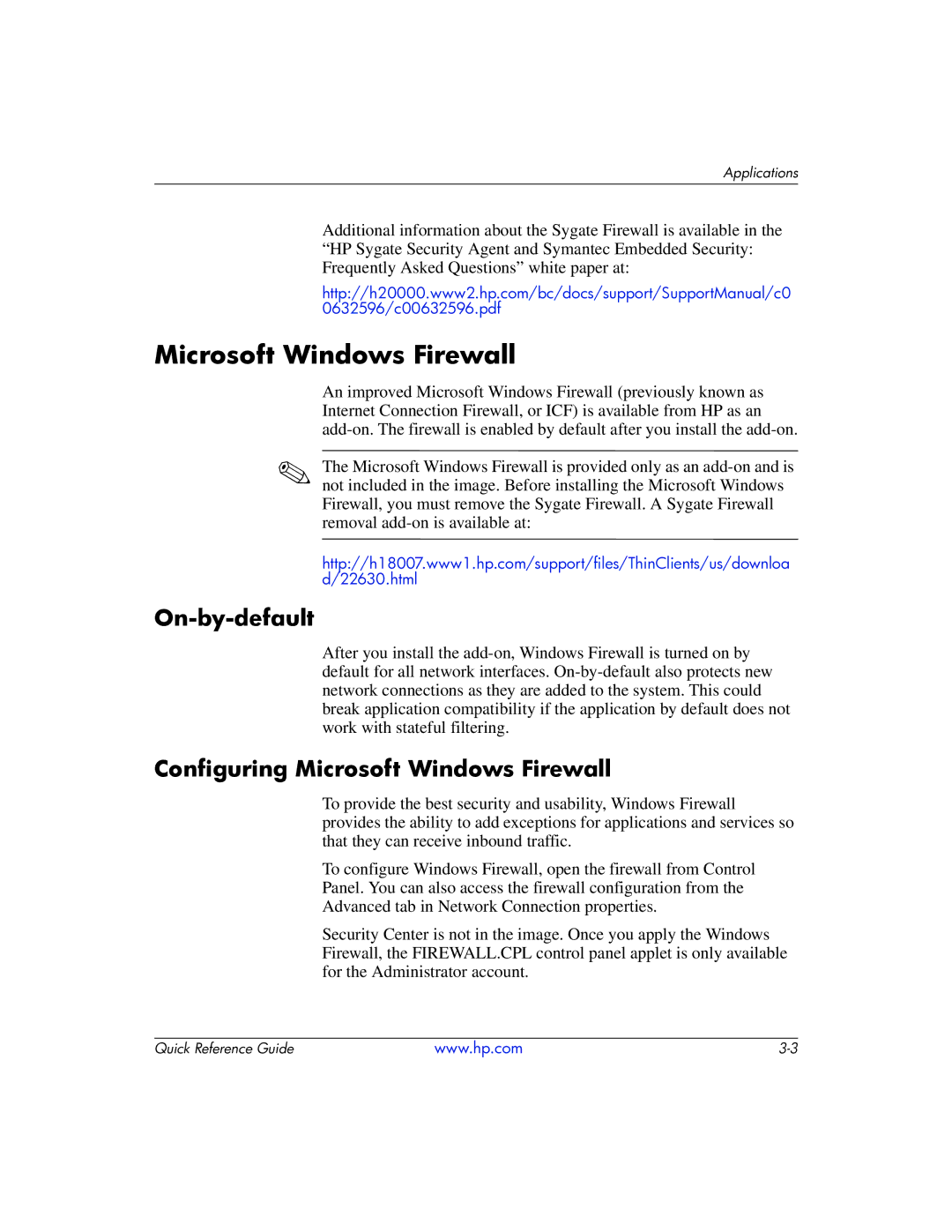 HP t5710 manual On-by-default, Configuring Microsoft Windows Firewall 