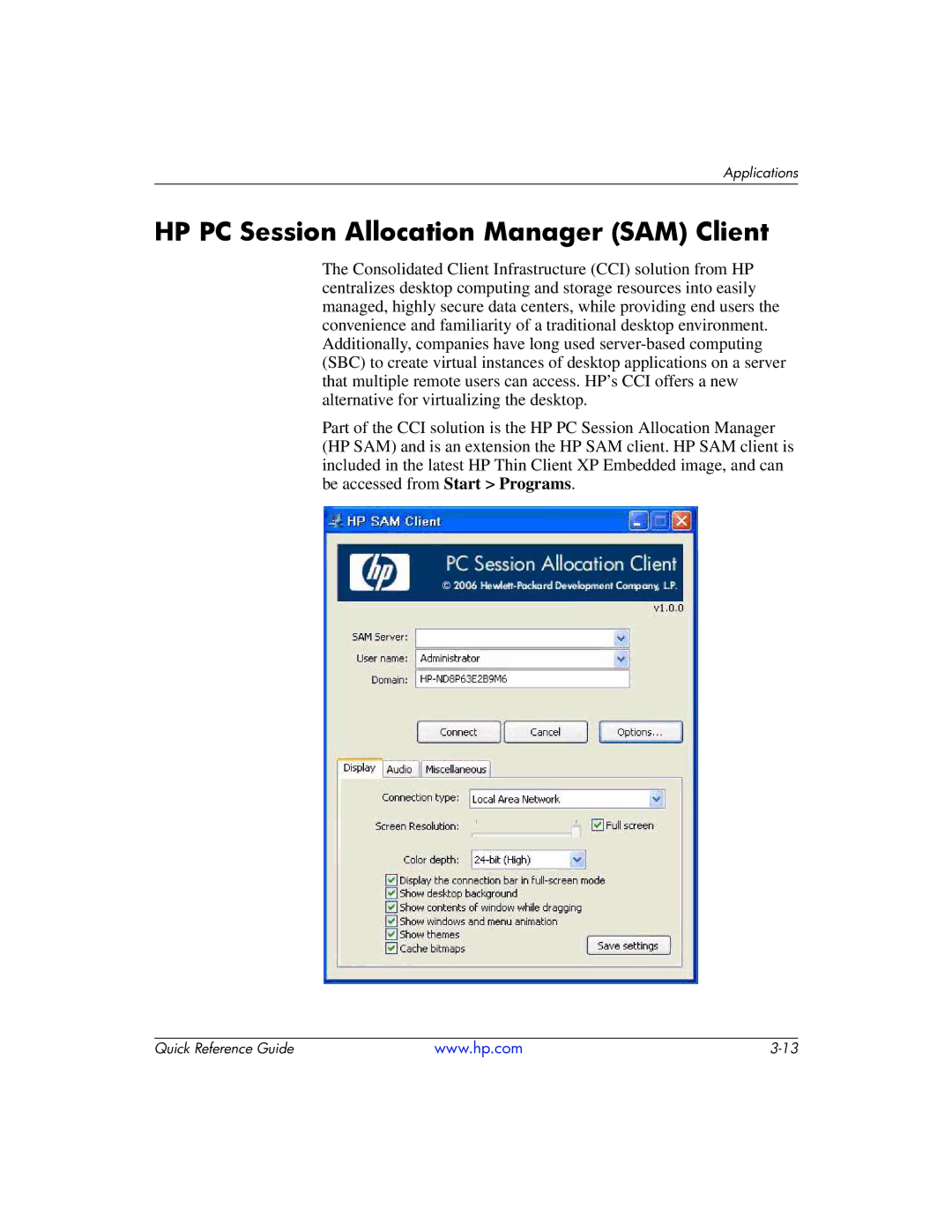 HP t5710 manual HP PC Session Allocation Manager SAM Client 