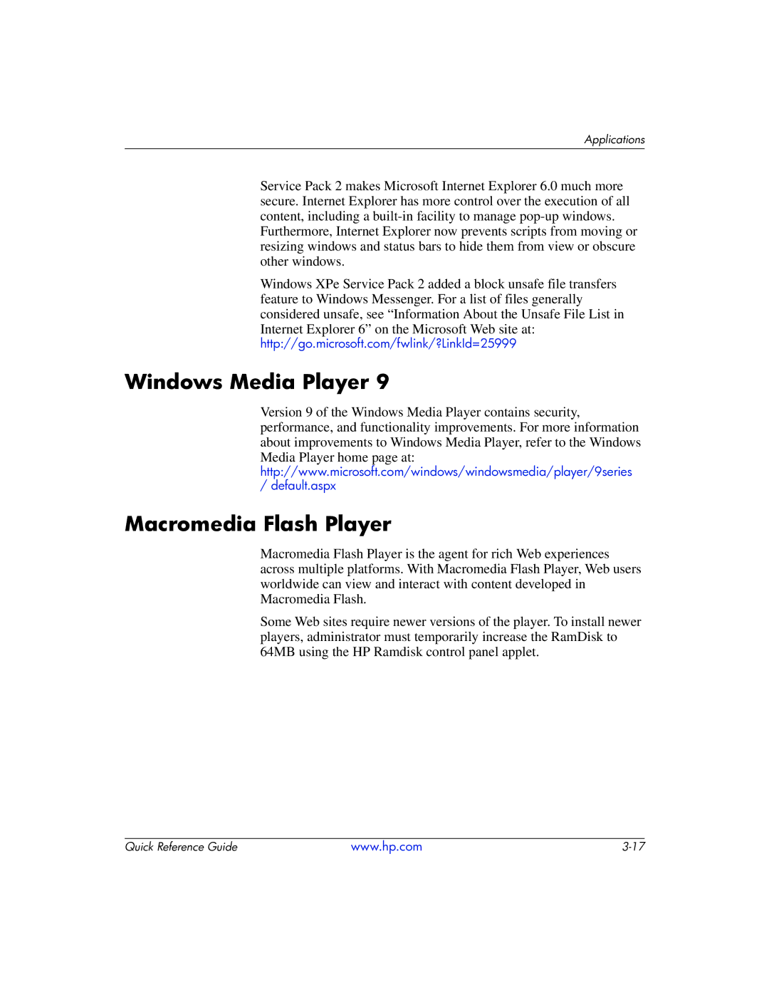 HP t5710 manual Windows Media Player, Macromedia Flash Player 