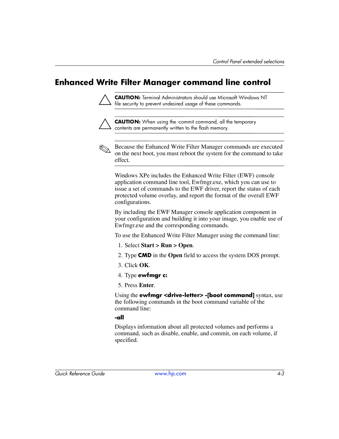 HP t5710 manual Enhanced Write Filter Manager command line control, Select Start Run Open 