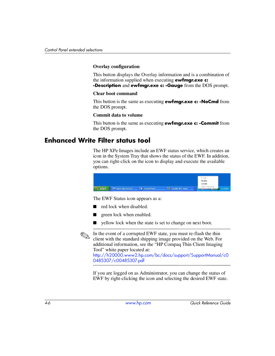 HP t5710 manual Enhanced Write Filter status tool, Overlay configuration 