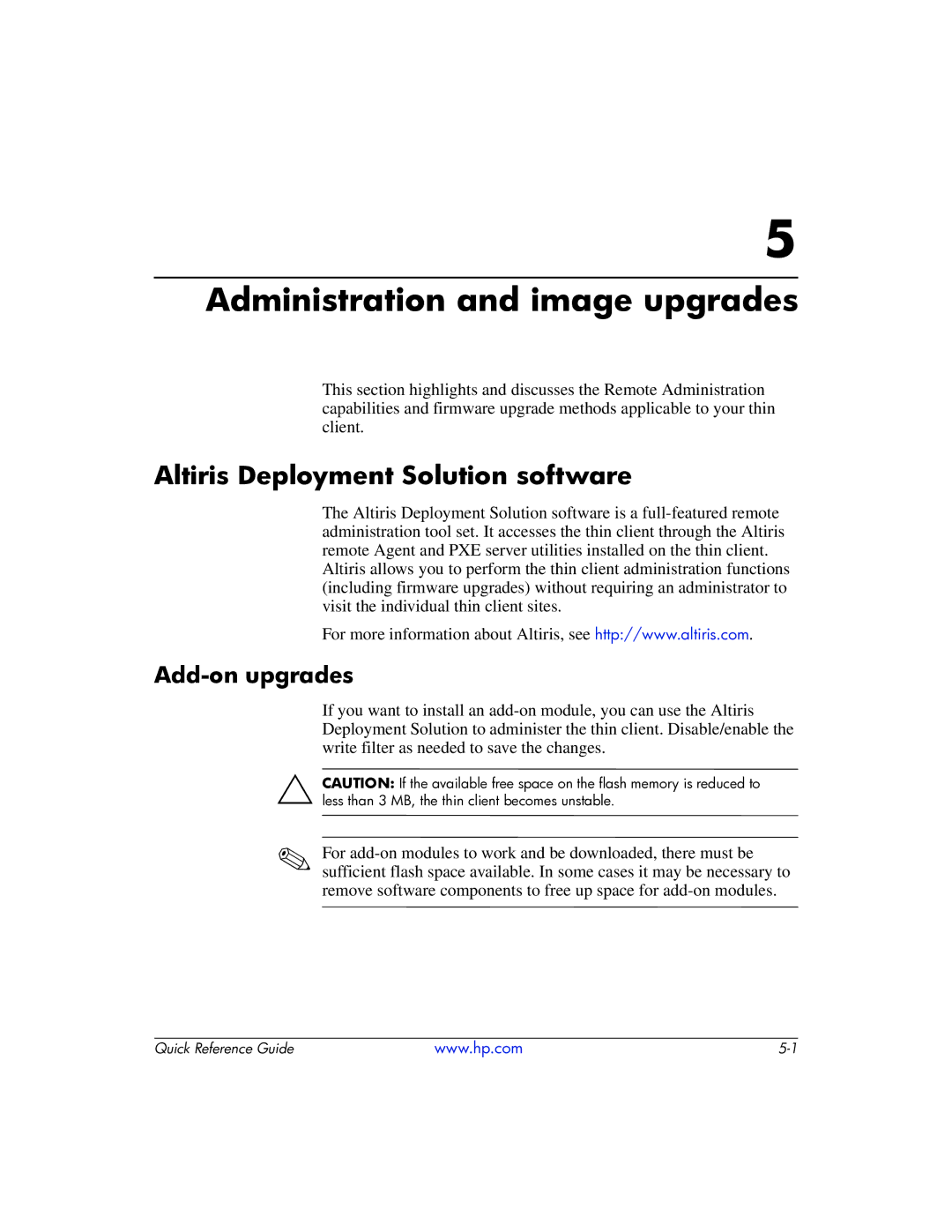 HP t5710 manual Administration and image upgrades, Altiris Deployment Solution software, Add-on upgrades 