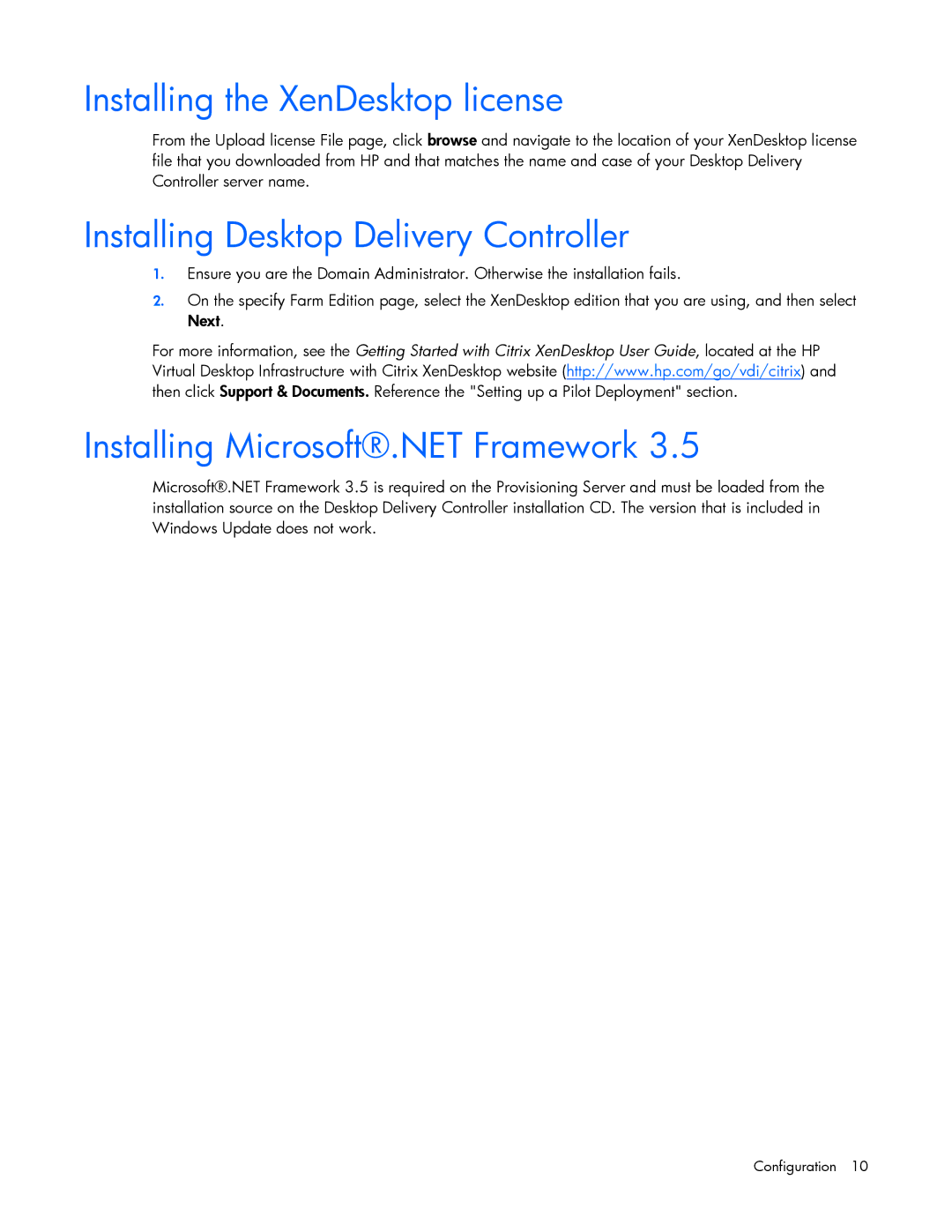 HP t5720 Installing the XenDesktop license, Installing Desktop Delivery Controller, Installing Microsoft.NET Framework 