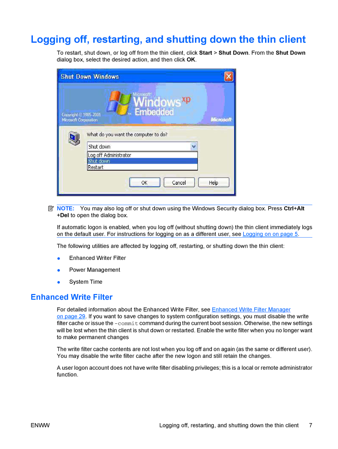 HP t5720 manual Logging off, restarting, and shutting down the thin client, Enhanced Write Filter 