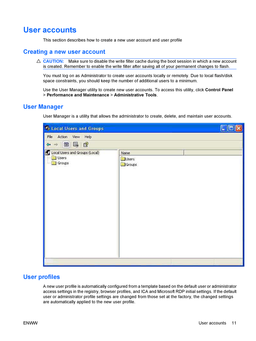 HP t5720 manual User accounts, Creating a new user account, User Manager, User profiles 