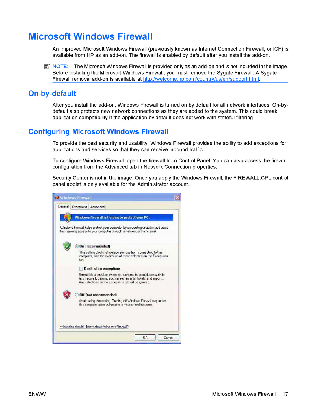 HP t5720 manual On-by-default, Configuring Microsoft Windows Firewall 