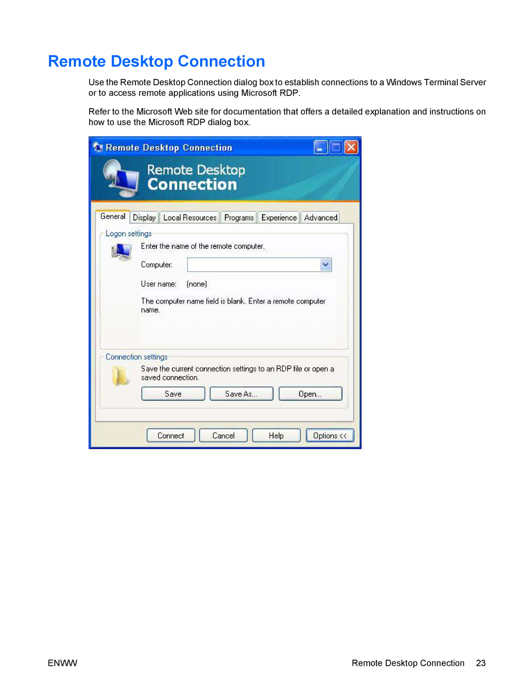 HP t5720 manual Remote Desktop Connection 