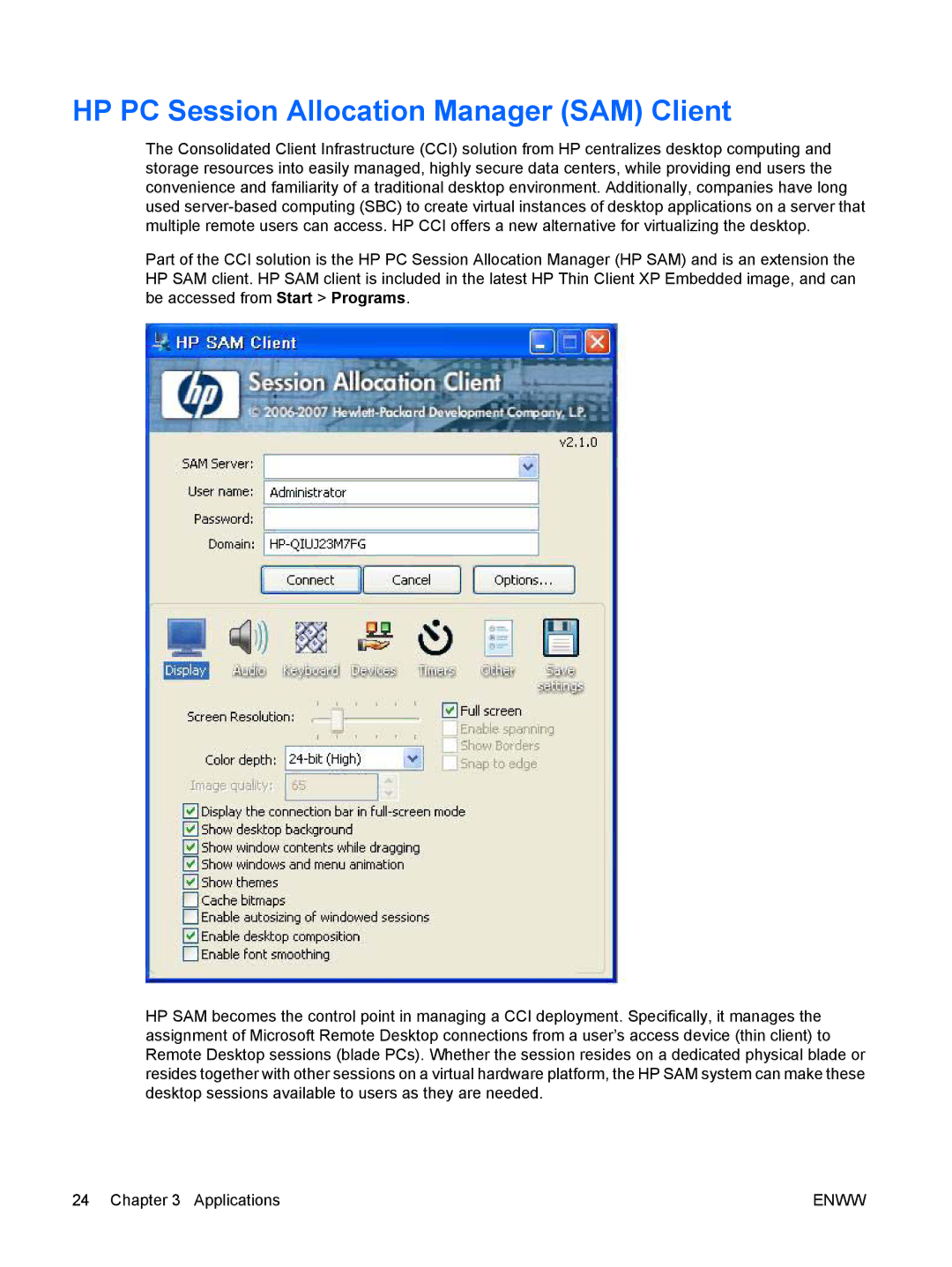 HP t5720 manual HP PC Session Allocation Manager SAM Client 