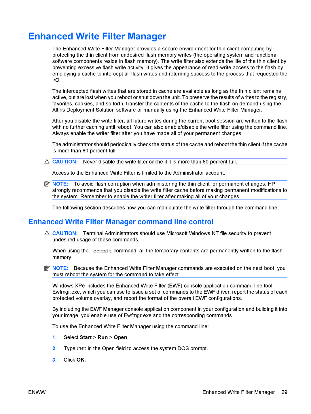 HP t5720 manual Enhanced Write Filter Manager command line control 