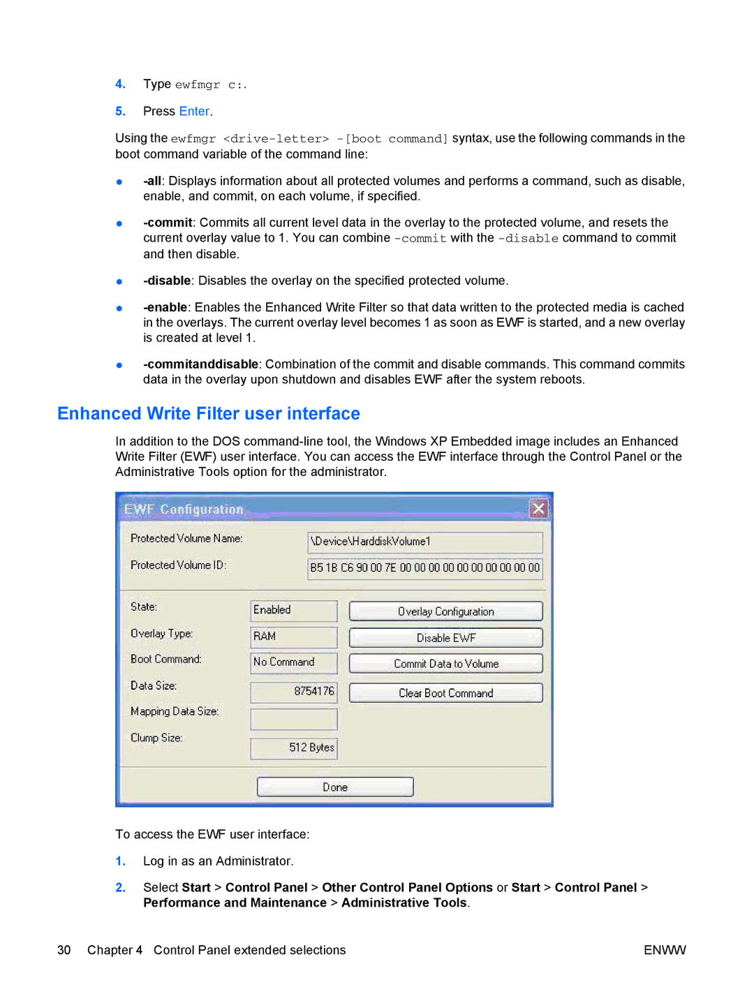 HP t5720 manual Enhanced Write Filter user interface, Type ewfmgr c 