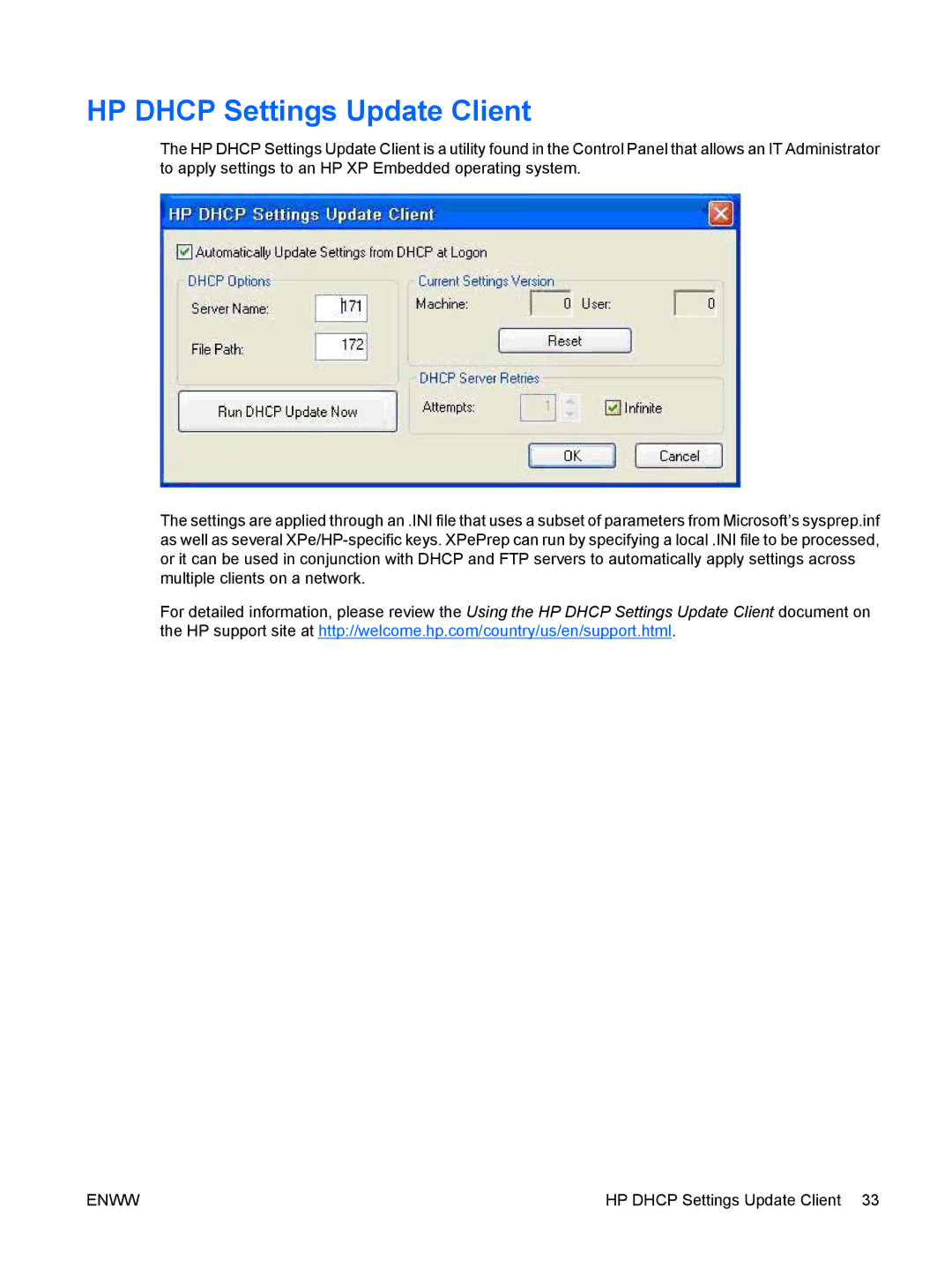 HP t5720 manual HP Dhcp Settings Update Client 