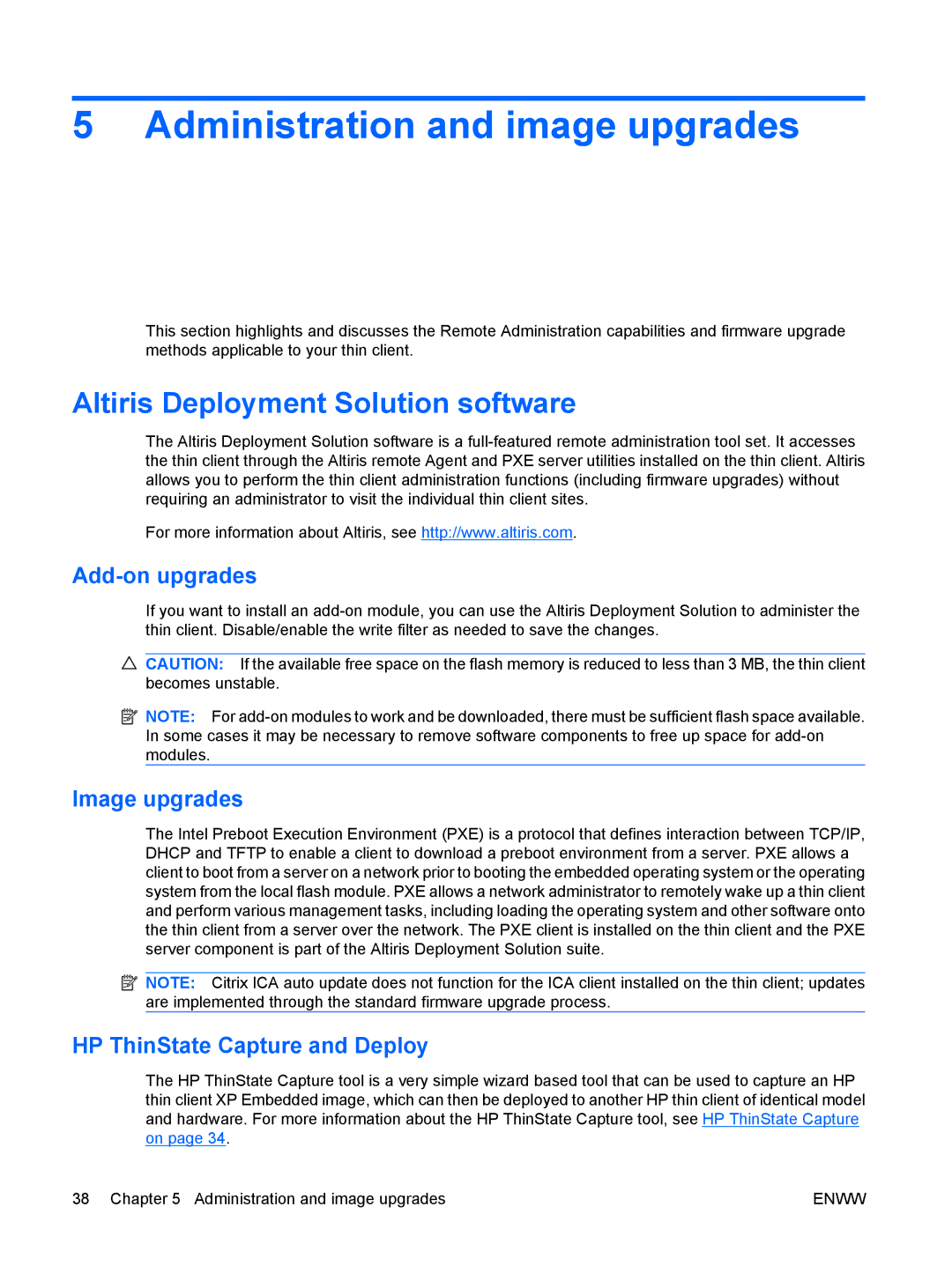 HP t5720 manual Administration and image upgrades, Altiris Deployment Solution software, Add-on upgrades, Image upgrades 