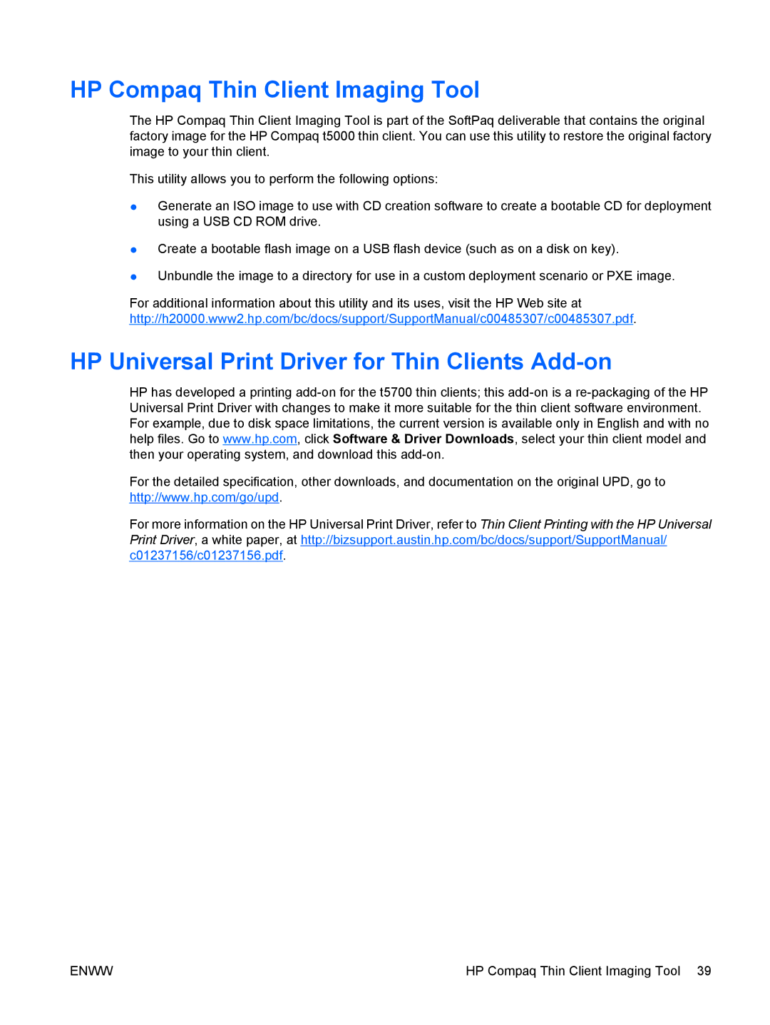 HP t5720 manual HP Compaq Thin Client Imaging Tool, HP Universal Print Driver for Thin Clients Add-on 