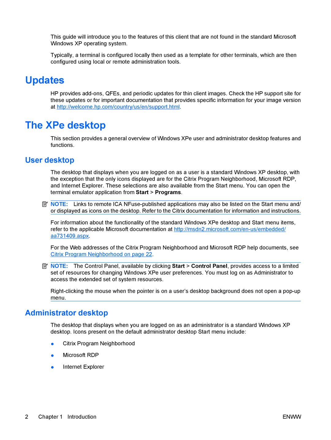 HP t5720 manual Updates XPe desktop, User desktop, Administrator desktop 