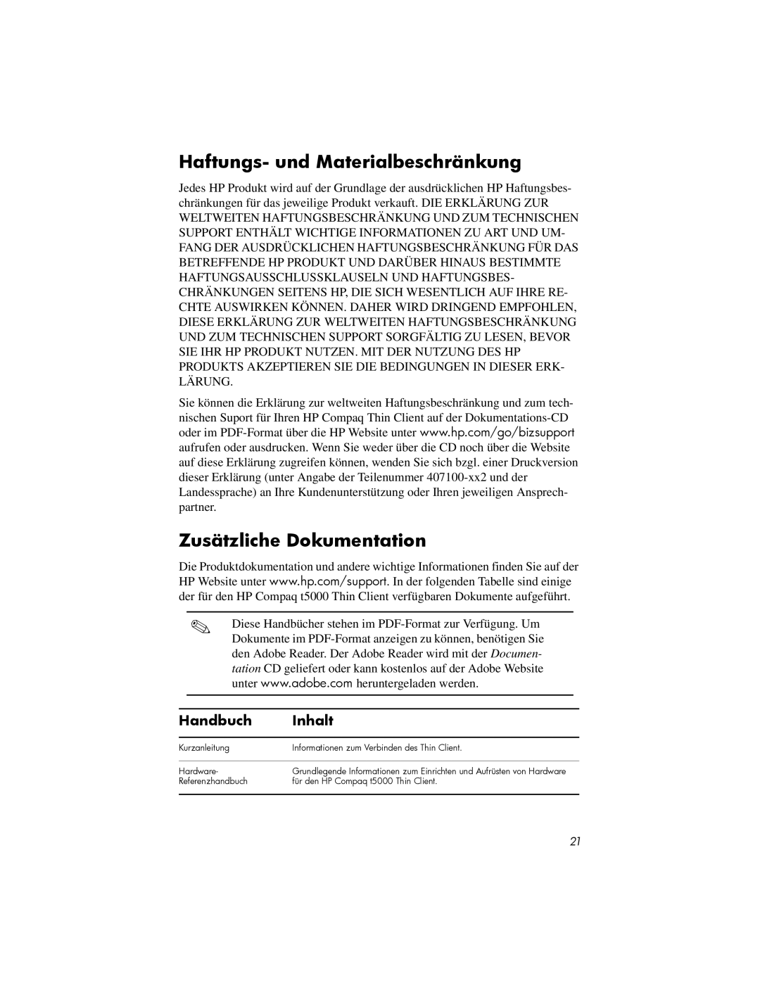 HP t5725 manual Haftungs- und Materialbeschränkung, Zusätzliche Dokumentation, Handbuch Inhalt 