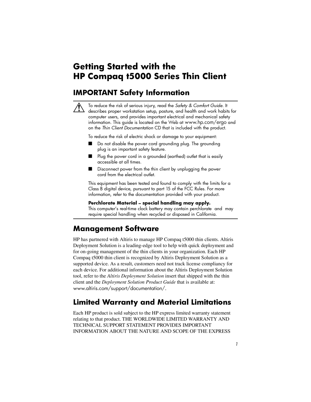 HP t5725 manual Getting Started with HP Compaq t5000 Series Thin Client, Important Safety Information, Management Software 