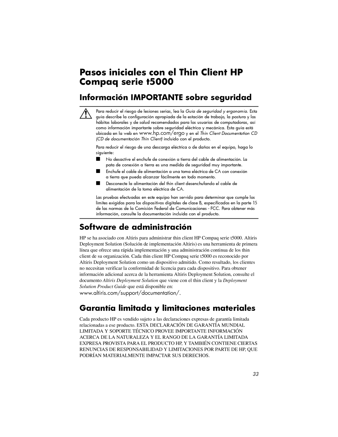 HP t5725 manual Pasos iniciales con el Thin Client HP Compaq serie t5000, Información Importante sobre seguridad 