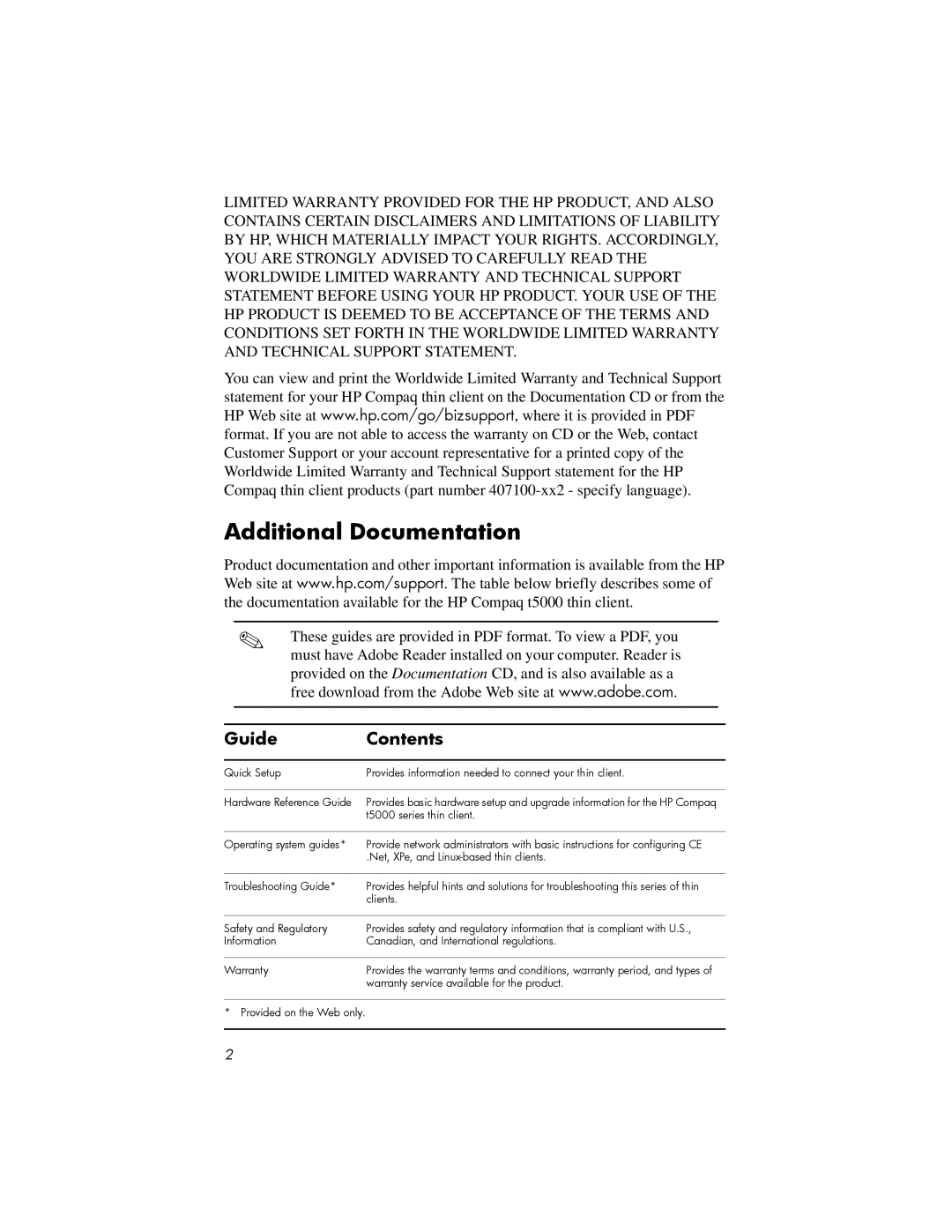 HP t5725 manual Additional Documentation, Guide Contents 