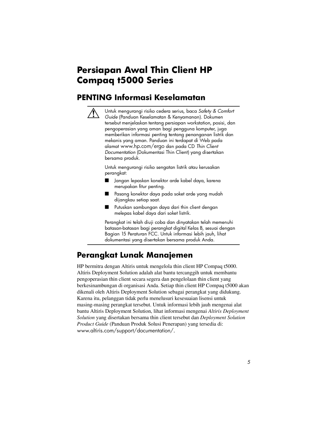 HP t5725 manual Persiapan Awal Thin Client HP Compaq t5000 Series, Penting Informasi Keselamatan, Perangkat Lunak Manajemen 