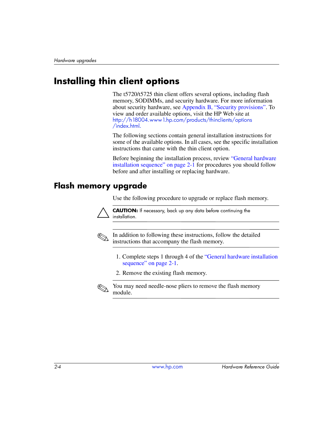 HP t5725 manual Installing thin client options, Flash memory upgrade 