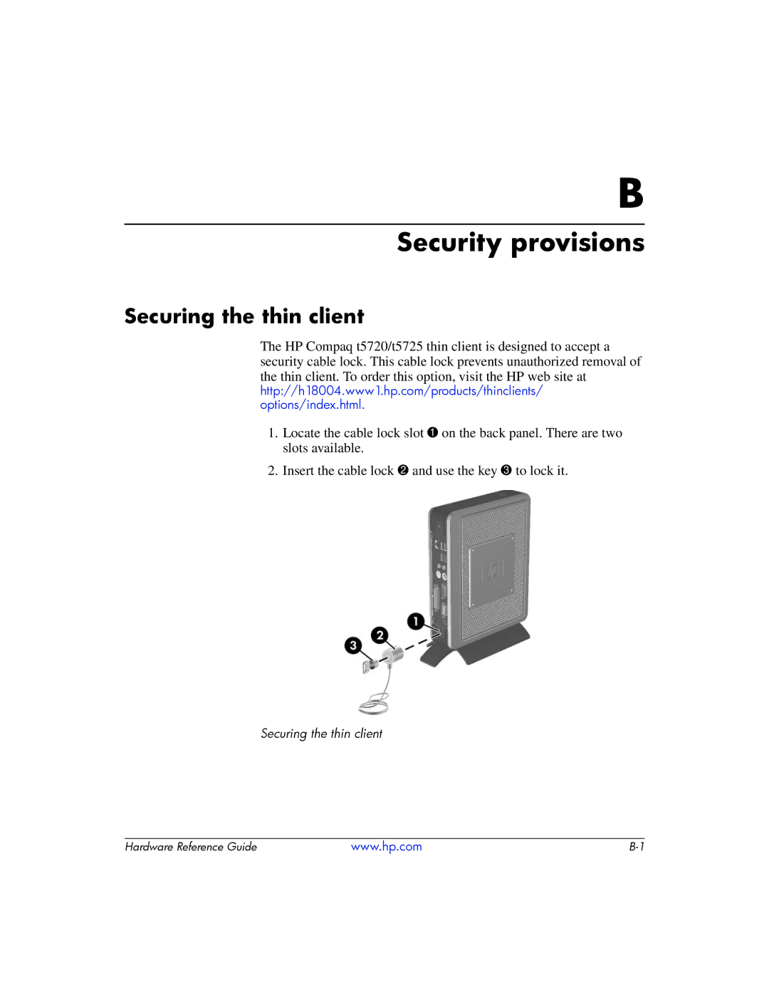 HP t5725 manual Security provisions, Securing the thin client 