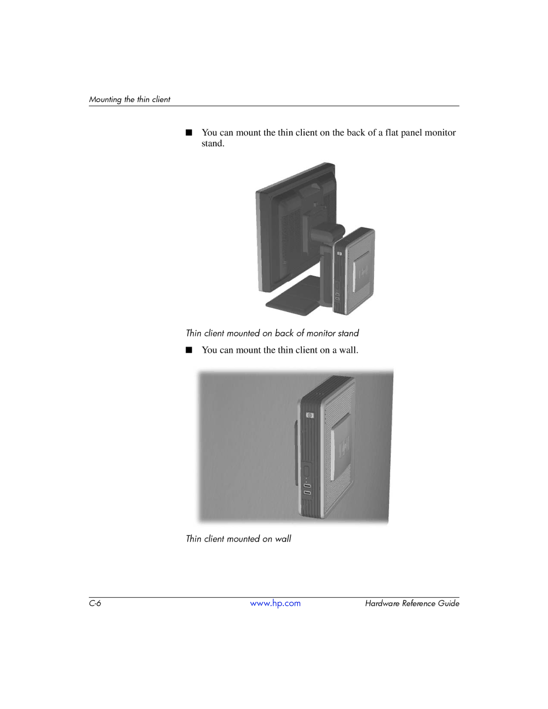 HP t5725 manual You can mount the thin client on a wall 