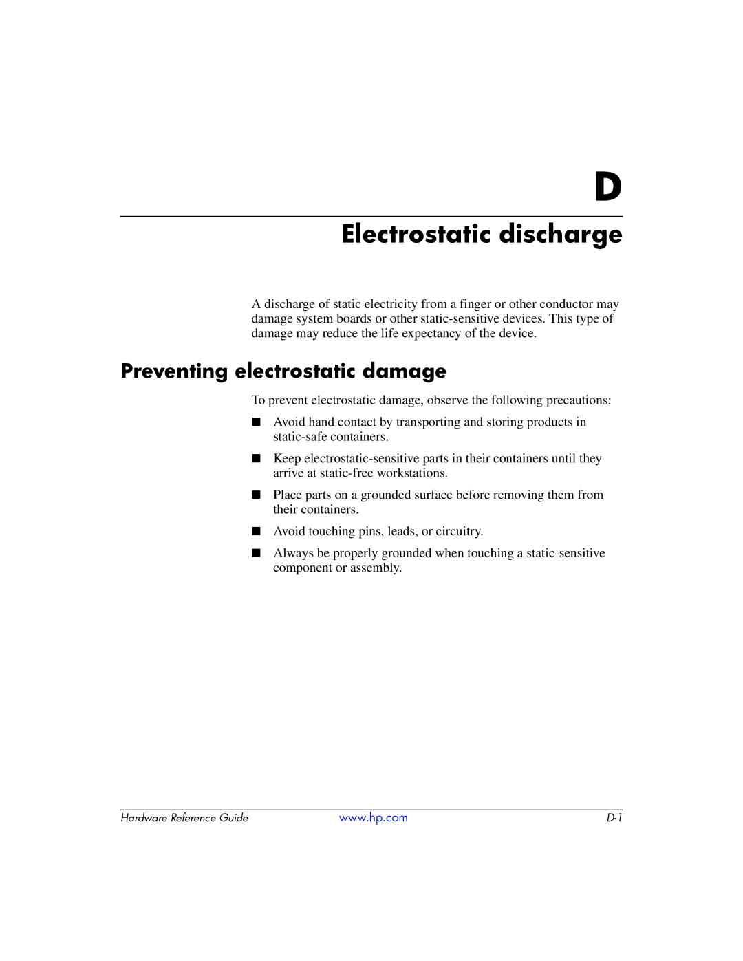 HP t5725 manual Electrostatic discharge, Preventing electrostatic damage 