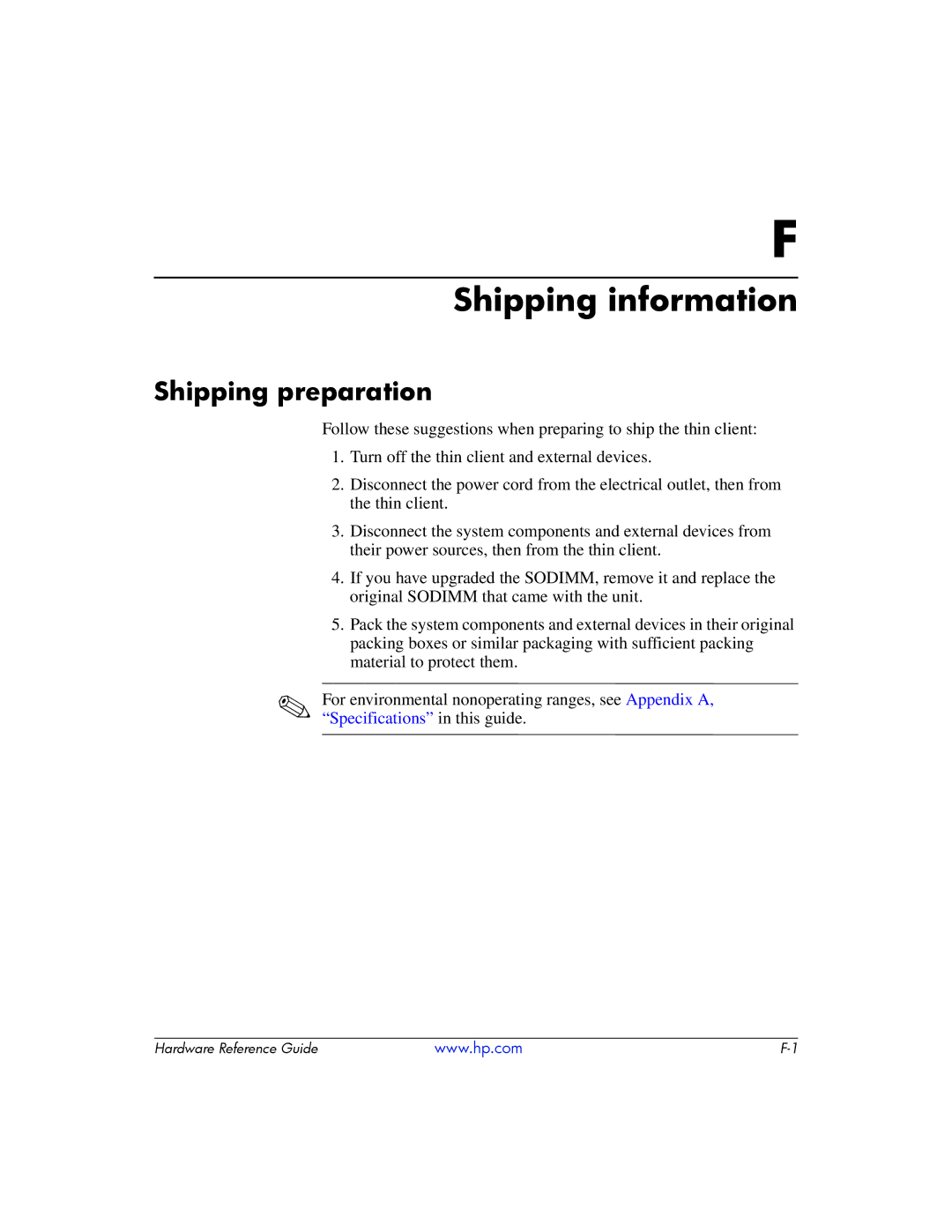 HP t5725 manual Shipping information, Shipping preparation 