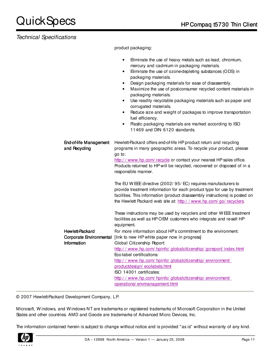 HP t5730 t5730 manual End-of-life Management, Recycling, Hewlett-Packard, Information 