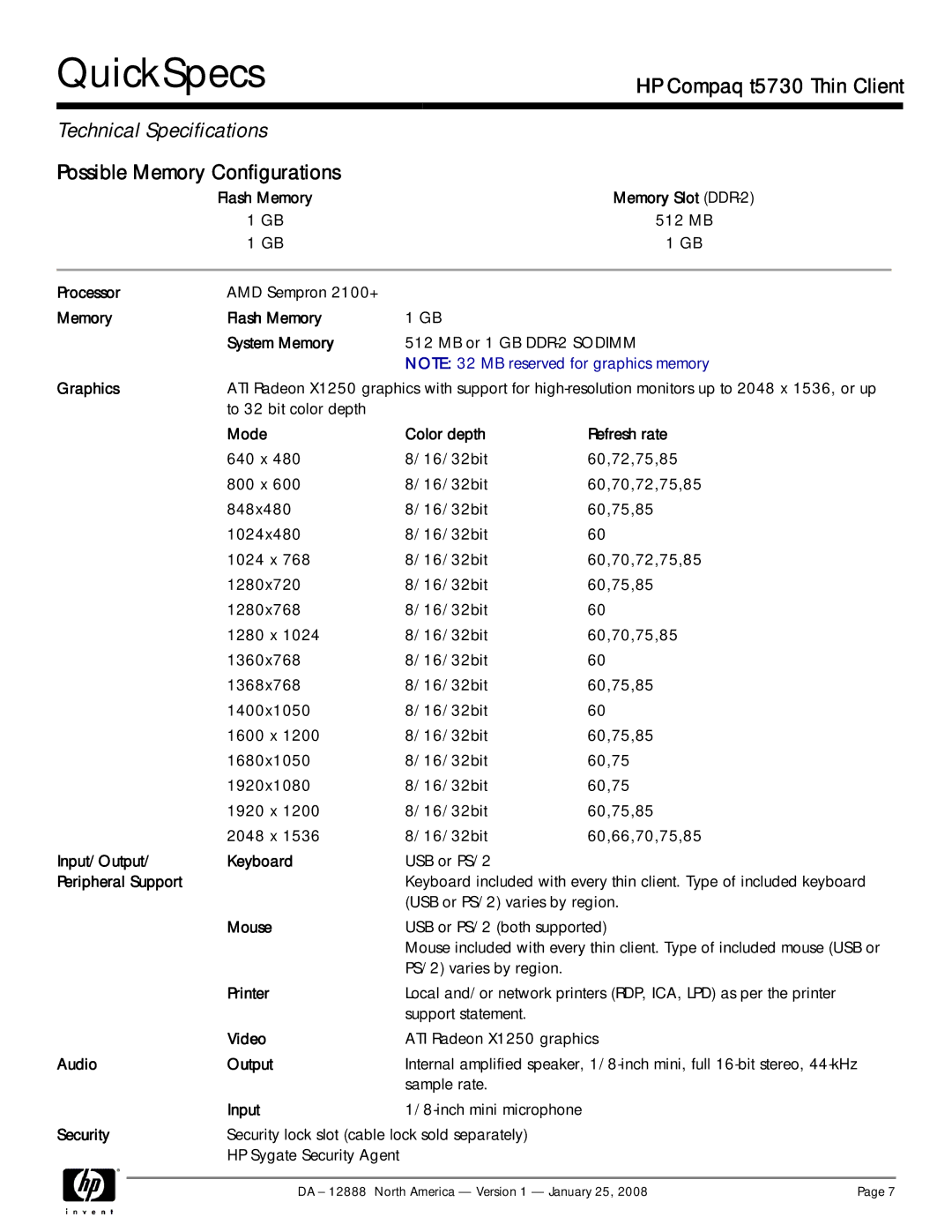 HP t5730 t5730 Memory Flash Memory System Memory, Mode Color depth Refresh rate, Input/Output Keyboard, Peripheral Support 