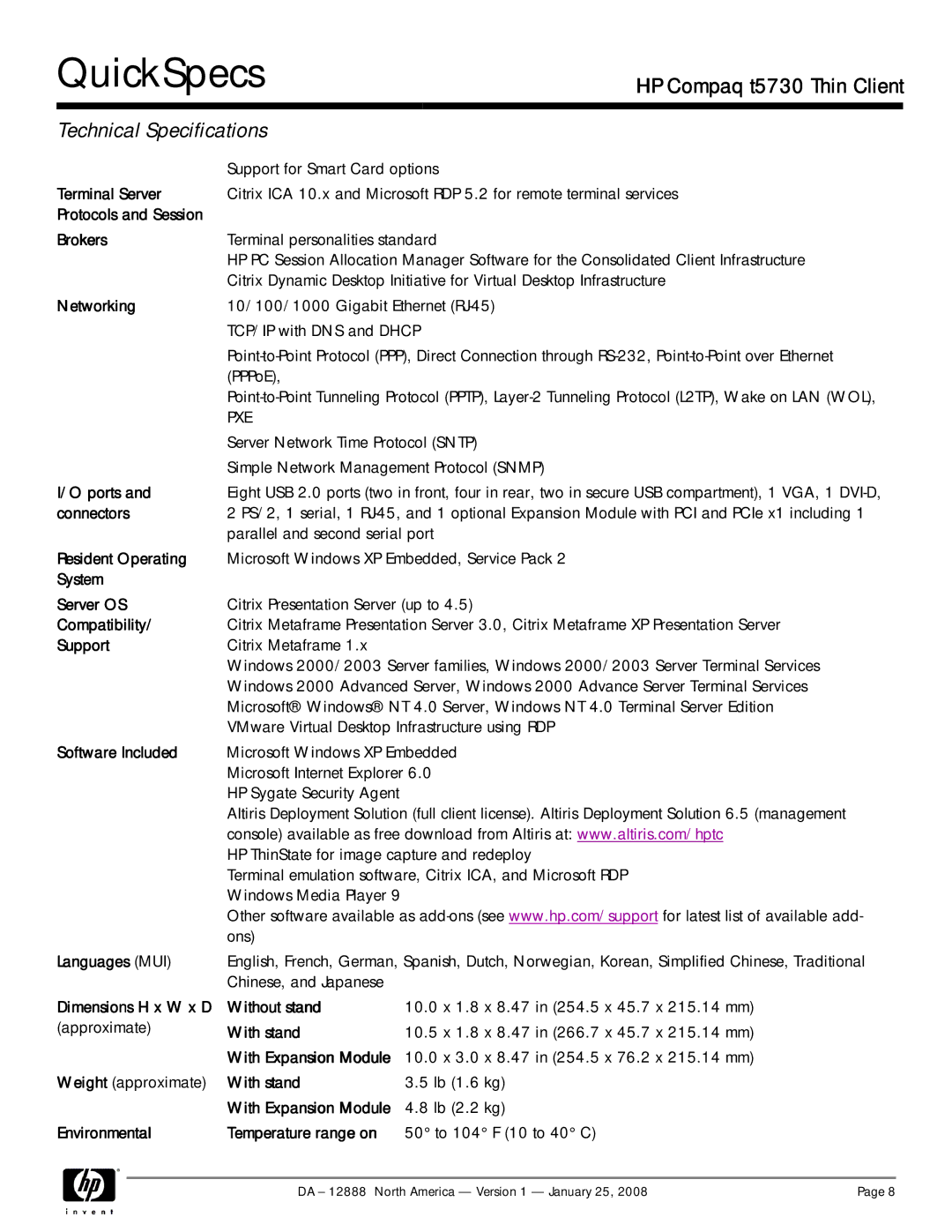 HP t5730 t5730 Terminal Server, Protocols and Session Brokers, Networking, Ports, Connectors, Resident Operating, Support 