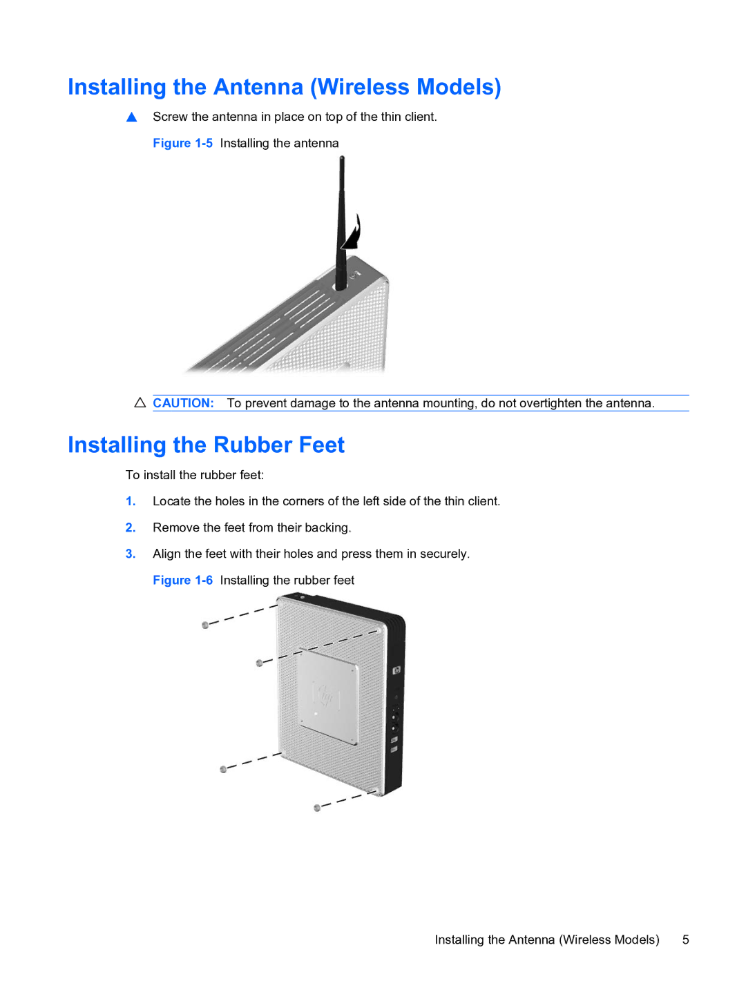 HP t5730 manual Installing the Antenna Wireless Models, Installing the Rubber Feet 