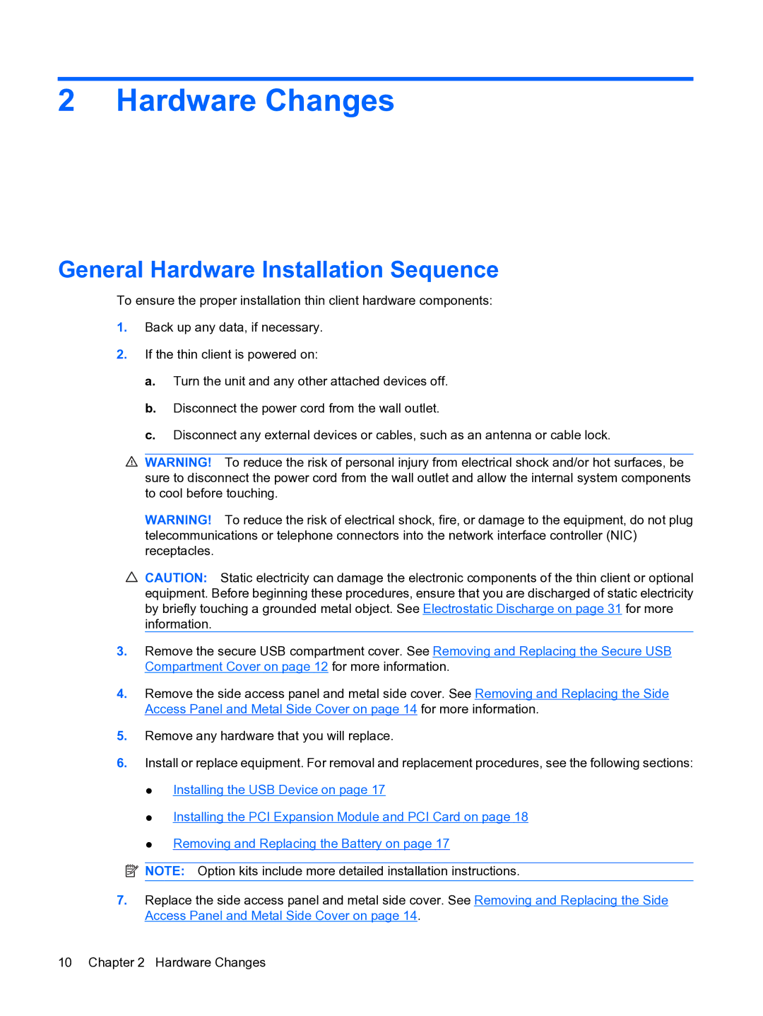 HP t5730 manual Hardware Changes, General Hardware Installation Sequence 