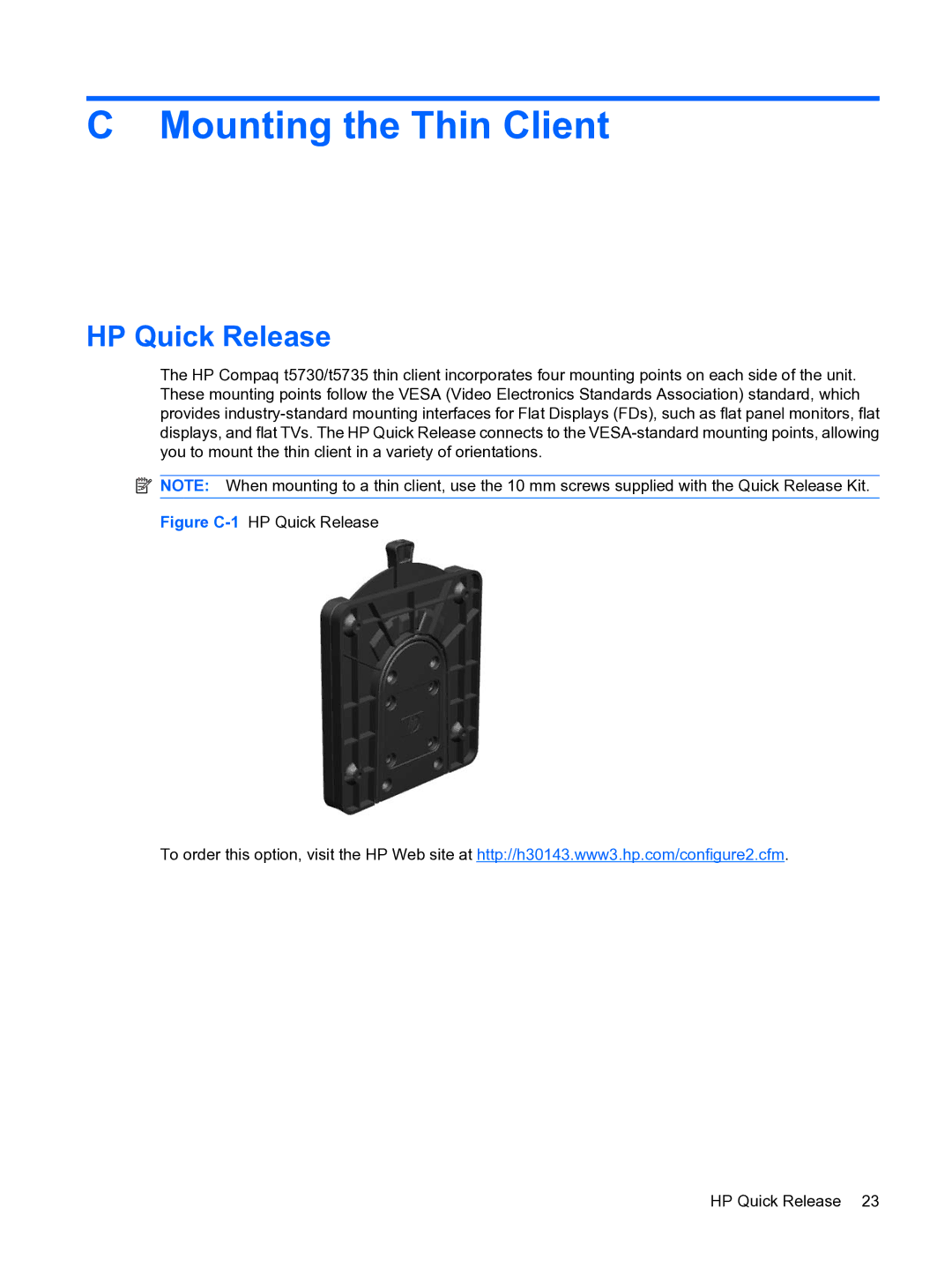 HP t5730 manual Mounting the Thin Client, HP Quick Release 