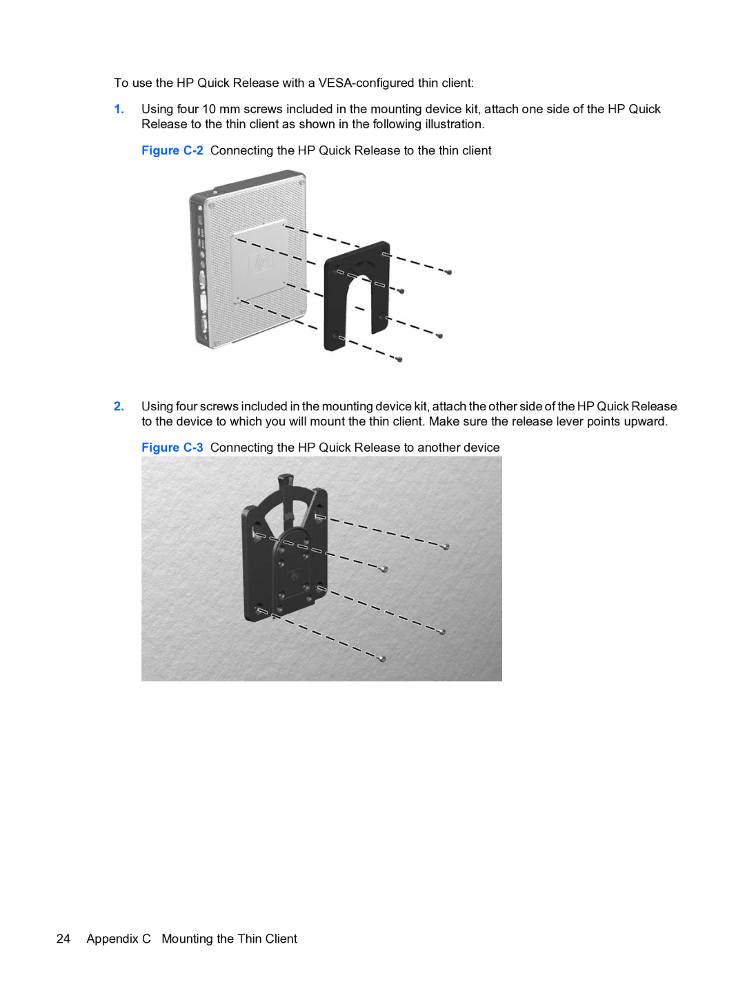 HP t5730 manual Figure C-2Connecting the HP Quick Release to the thin client 