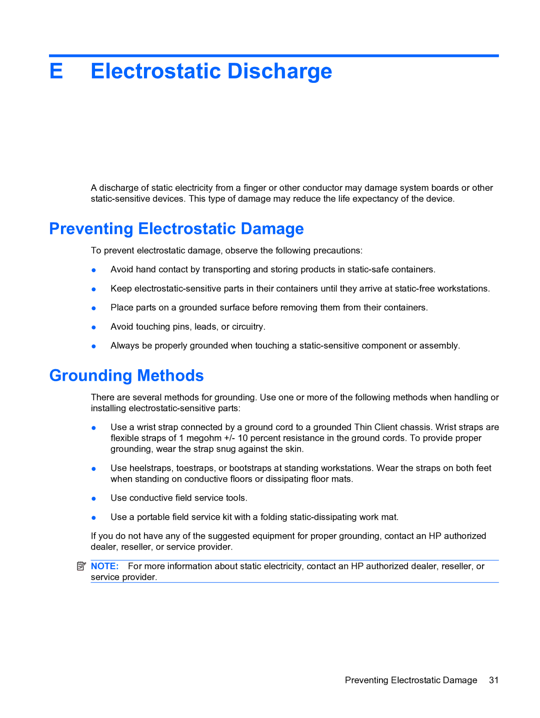 HP t5730 manual Electrostatic Discharge, Preventing Electrostatic Damage, Grounding Methods 