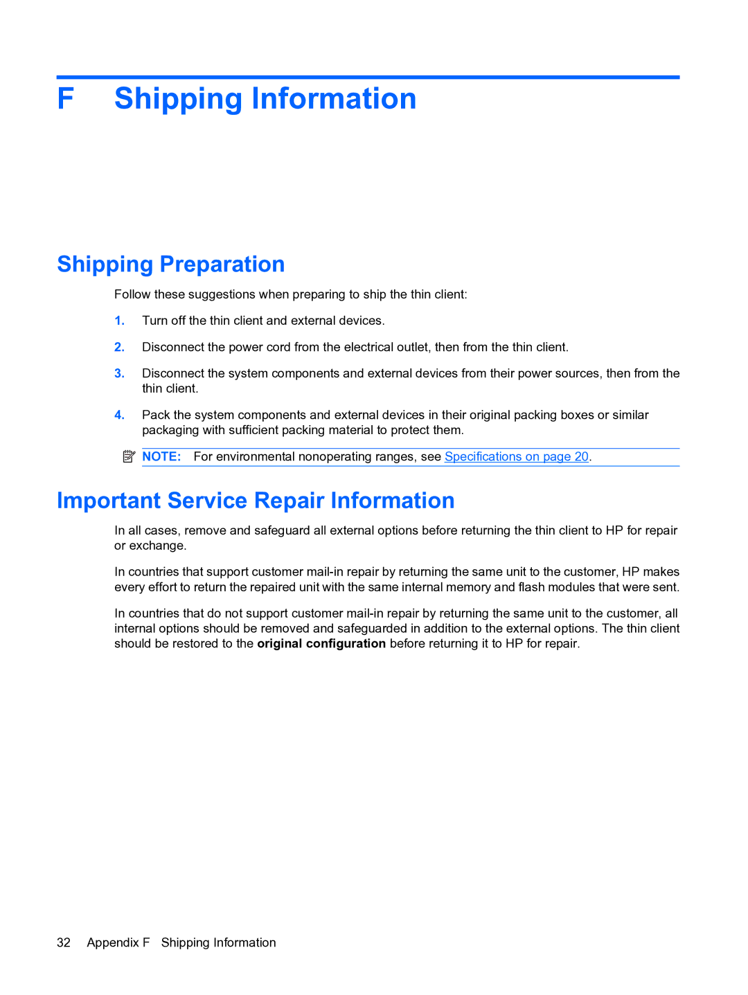 HP t5730 manual Shipping Information, Shipping Preparation, Important Service Repair Information 