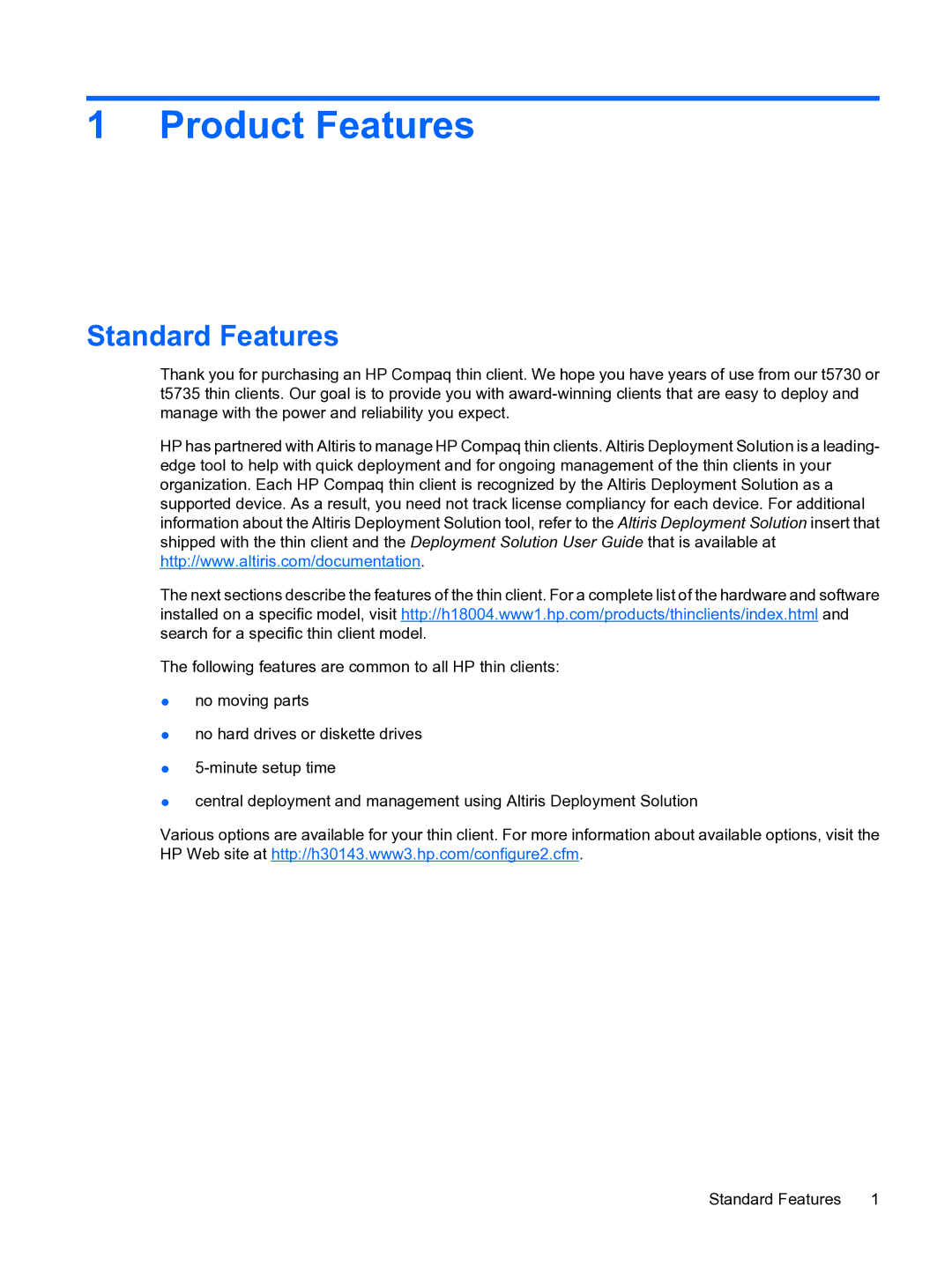 HP t5730 manual Product Features, Standard Features 