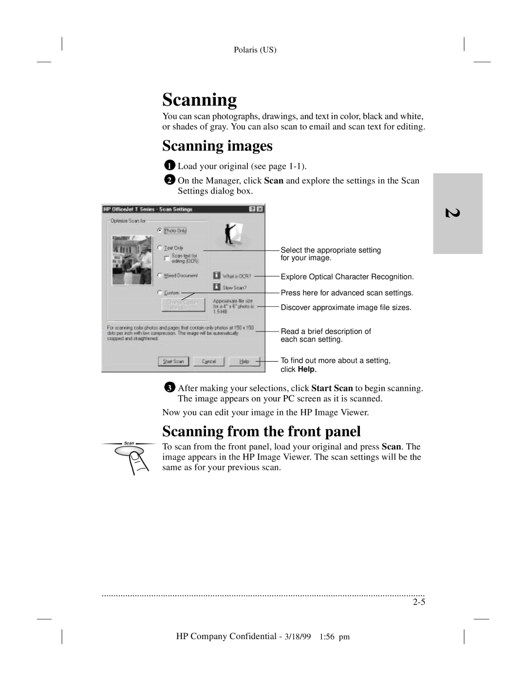 HP t65, t45xi manual Scanning images, Scanning from the front panel 