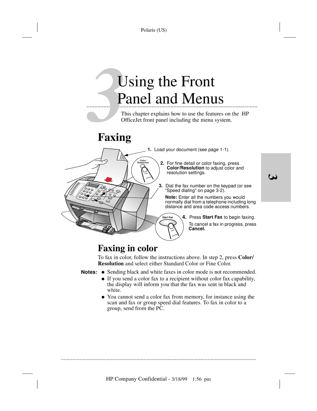 HP t45xi, t65 manual 3Using the Front Panel and Menus, Faxing in color 