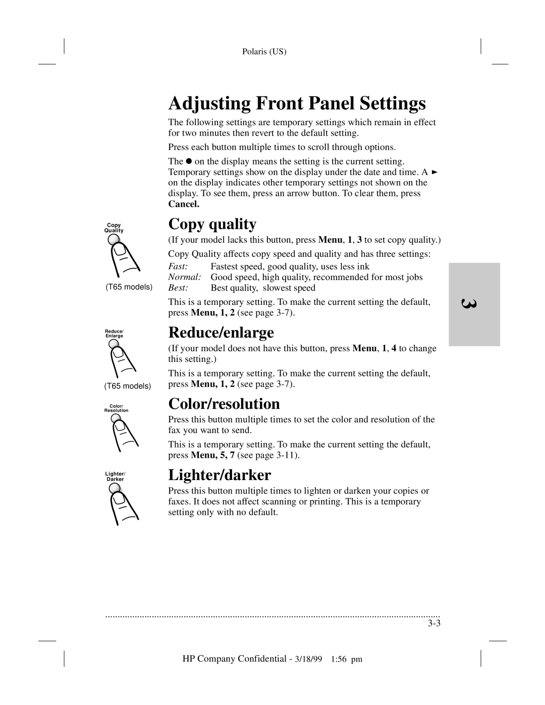 HP t65, t45xi manual Adjusting Front Panel Settings, Copy quality, Reduce/enlarge, Color/resolution, Lighter/darker 