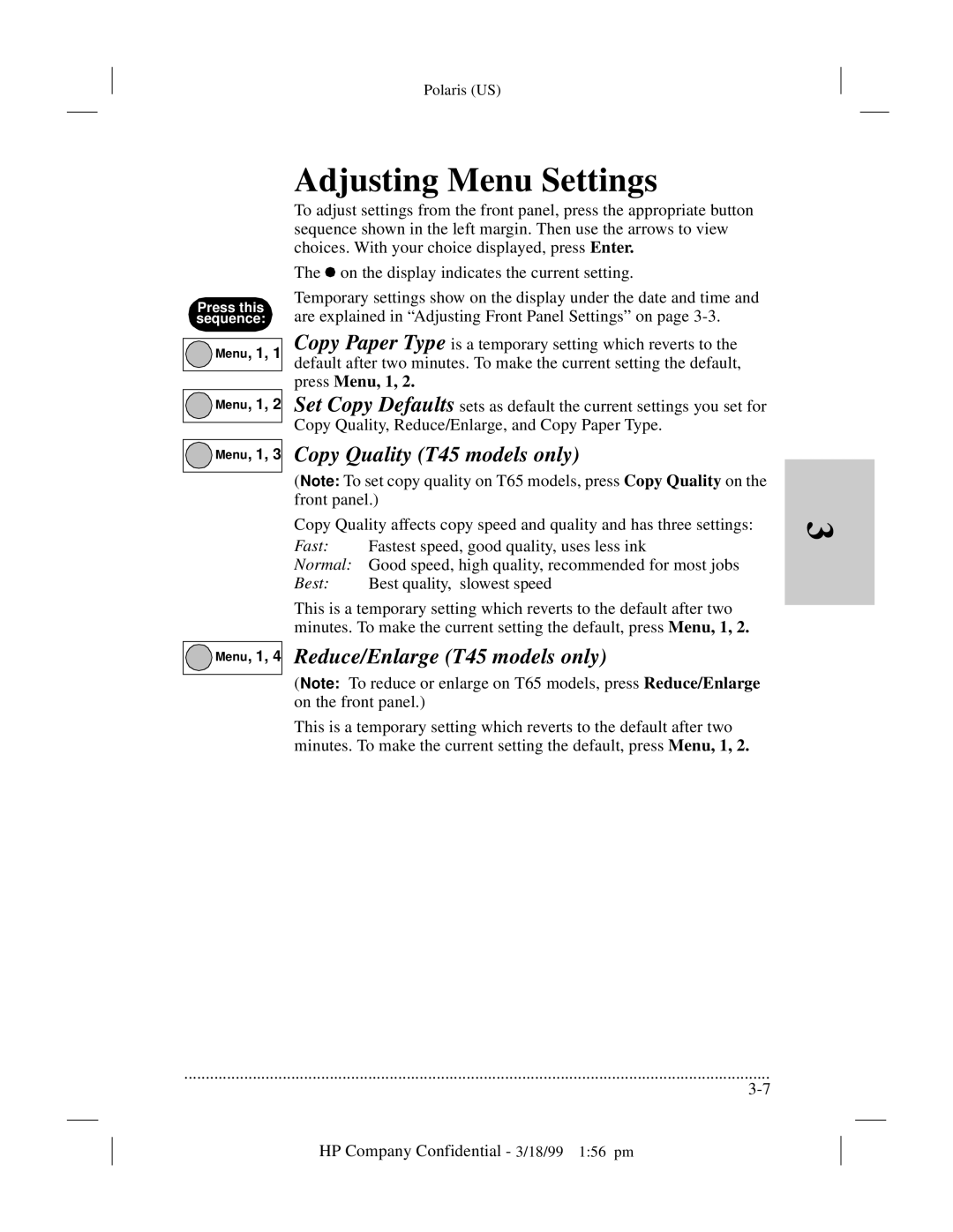 HP t45xi, t65 manual Adjusting Menu Settings, Press Menu, 1 