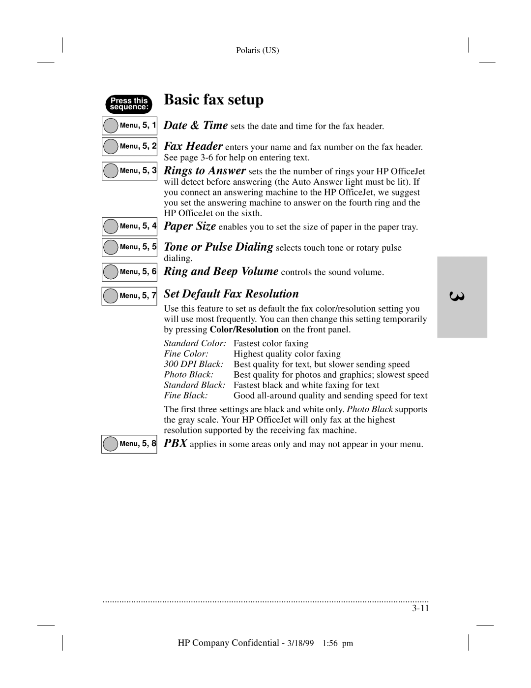 HP t65, t45xi manual Basic fax setup, Set Default Fax Resolution 