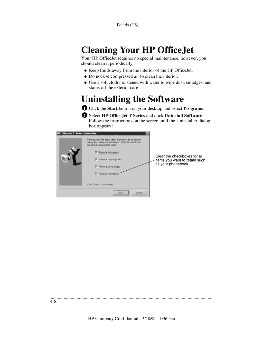 HP t45xi, t65 manual Cleaning Your HP OfficeJet, Uninstalling the Software 