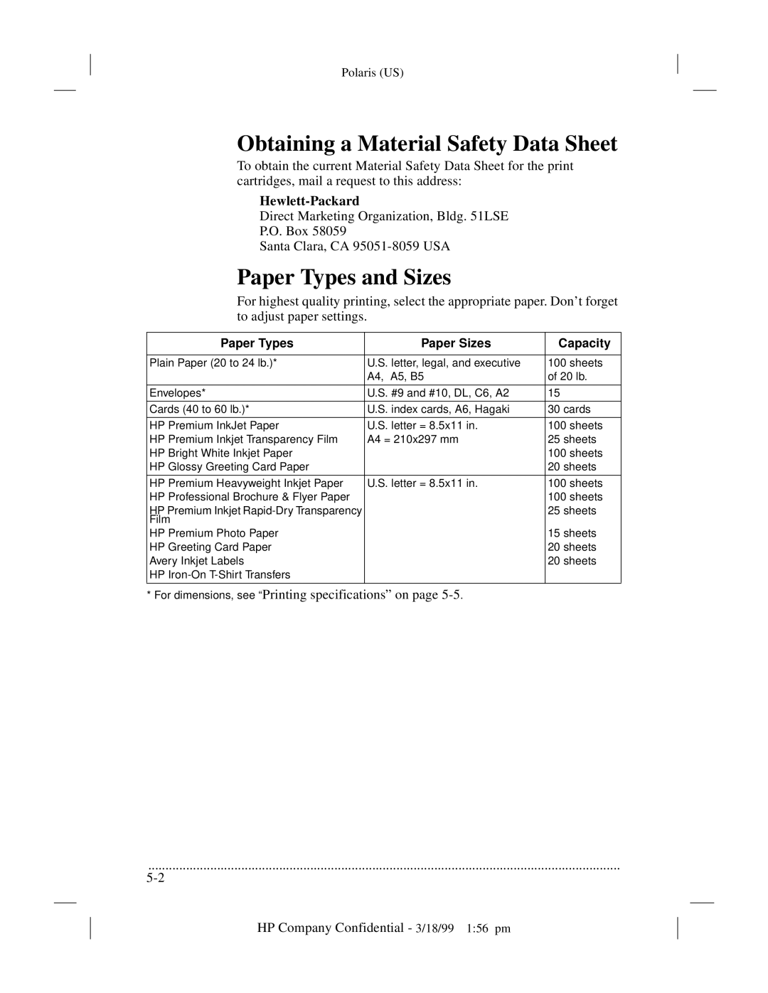 HP t45xi, t65 manual Obtaining a Material Safety Data Sheet, Paper Types and Sizes, Hewlett-Packard 